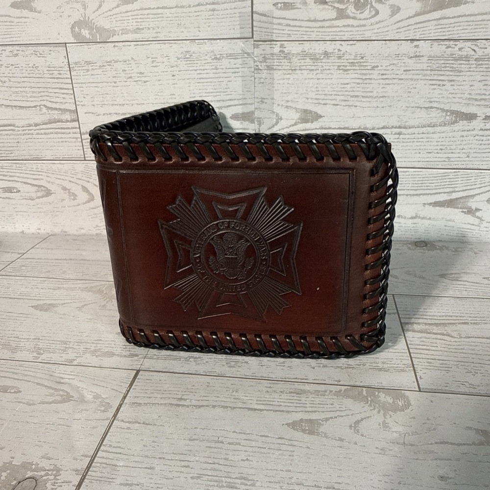 VTG Bifold Leather Wallet Hand Tooled Whipstitch USA Made VFW Veteran Military